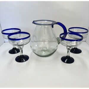 Margarita Pitcher & 4 Glass Set Mexican Hand-Blown Glass Cobalt Blue Rims
